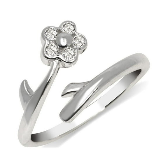 Jewelryweb Solid 925 Sterling Silver Flower Bypass Adjustable Cubic Zirconia toe ring (8mmx15mm) toe ring for Women