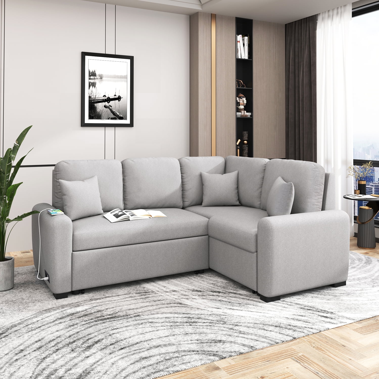 Kadyn 76.7" Sectional Sleeper Sofa, Velvet Pull-Out Sofa Bed with USB Charging Port, 3 Pillows and Plug Outlet, L-Shaped Upholstered Sofa Chaise for Living Room, Grey Kadyn 76.7" Sectional Sleeper Sofa, Velvet Pull-Out Sofa Bed with USB Charging Port, 3 Pillows and Plug Outlet, L-Shaped Upholstered Sofa Chaise for Living Room, Grey