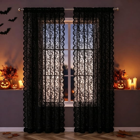 Pinewave Sheer Lace Vintage Floral Rod Pocket Window Curtain, 2 Panels, Black, 54"W x 84"L