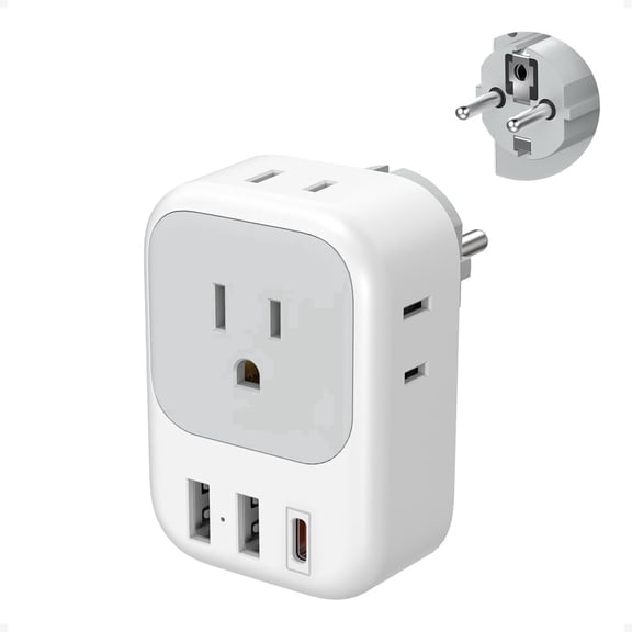 20W Type E/F Travel Plug Adapter with 4 AC Outlets 3 USB Ports (1 USB C), Wall Charger for US to Europe Germany France Spain Greece Iceland