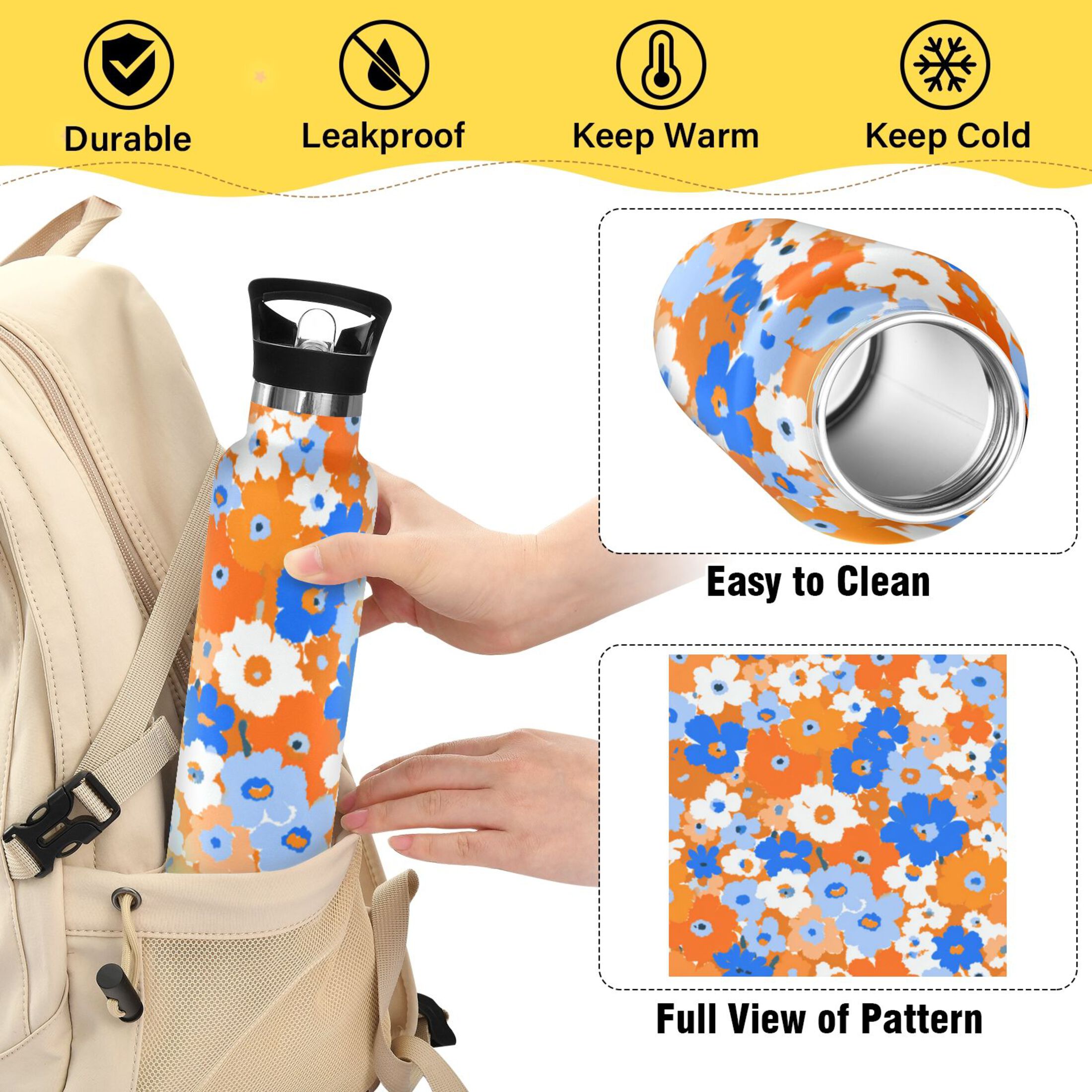 Kids Insulated Stainless Steel Sports Water Bottle 600ml (20oz) Orange and Blue Small Flowers