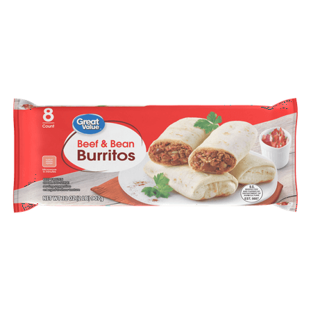 Great Value Beef & Bean Burritos, 32 oz, 8 Count (Frozen)