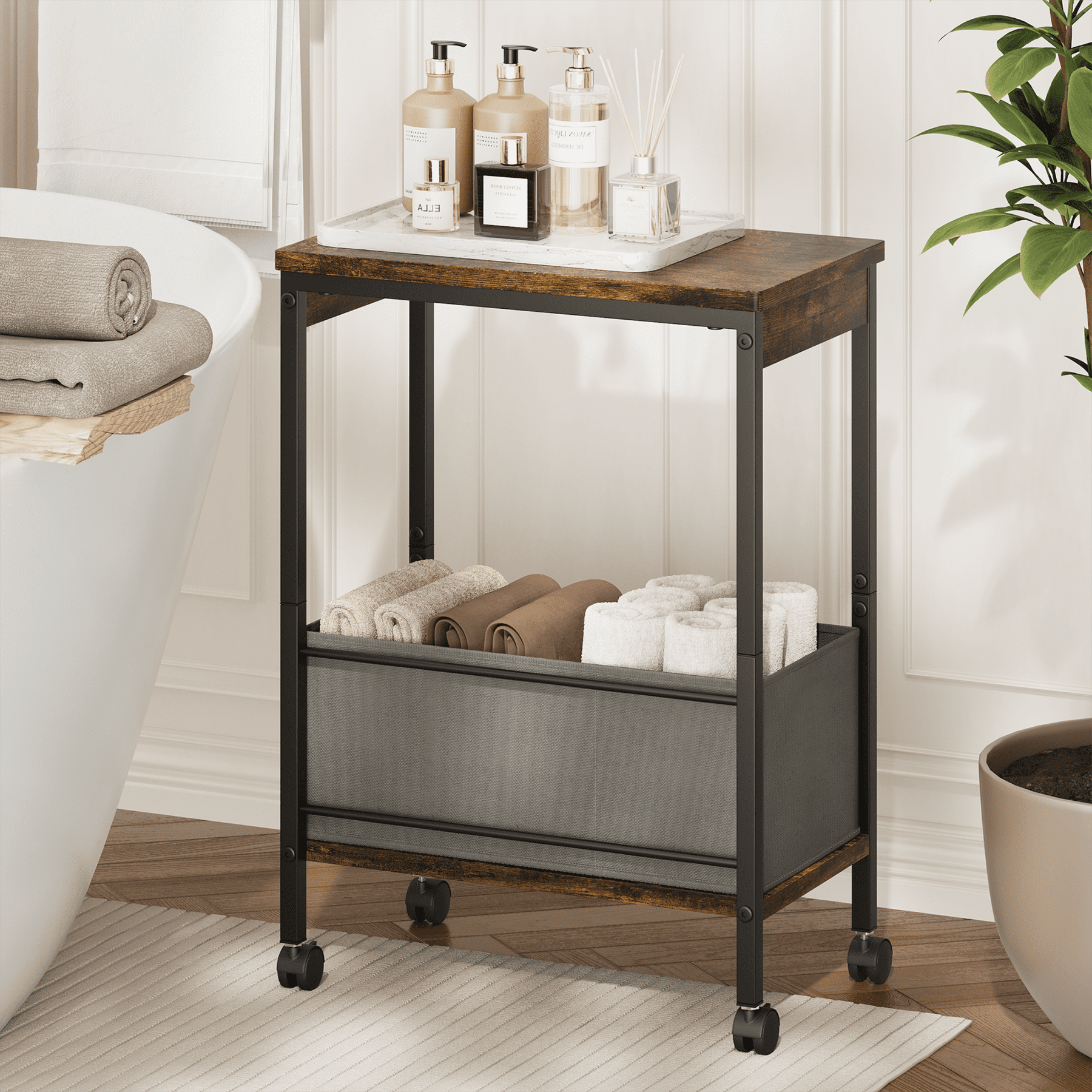 Narrow End Table Living Room with Wheel, Side Table with Fabric Drawer, Slim Nightstand for Bedroom, Small Spaces