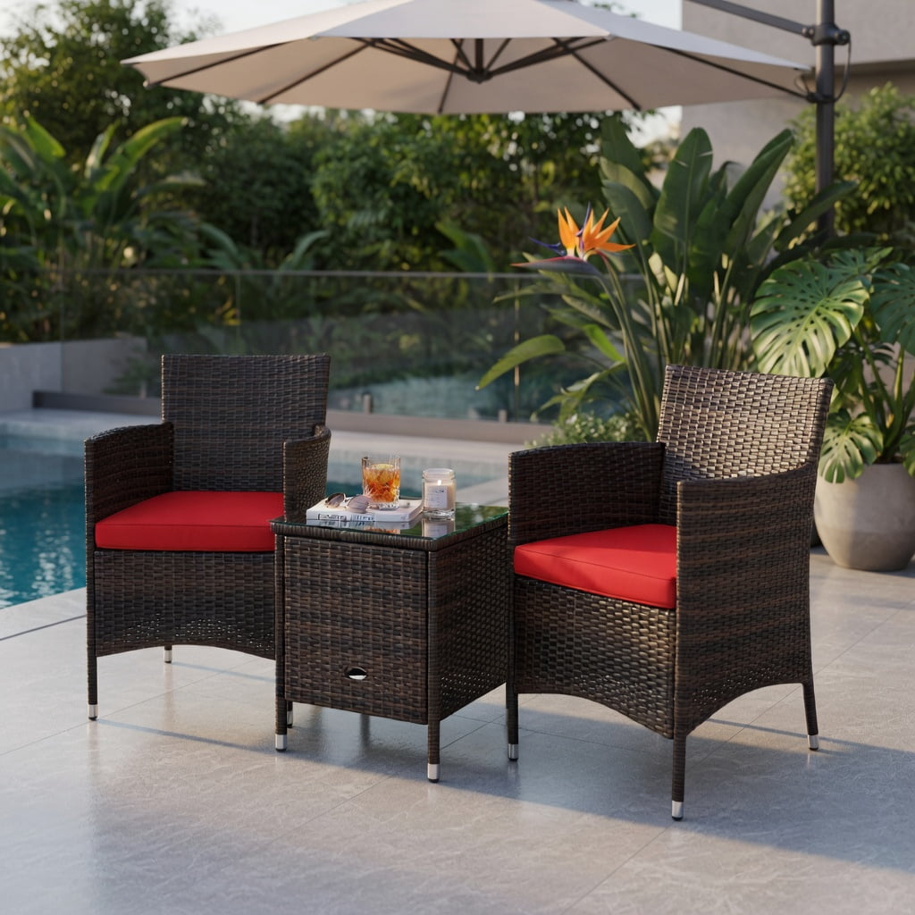 Hommoo 3-Piece Outdoor Wicker Patio Furniture Set with Cushioned Chairs & Tempered Glass Coffee Table, Red