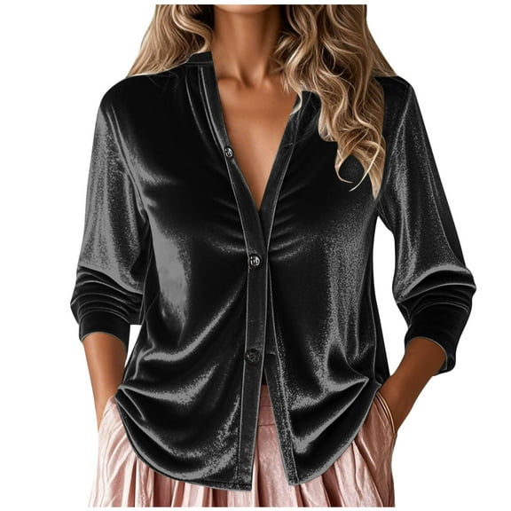 Hfnxid Womens Velvet Shirt Long Sleeve Button Down Shirts Elegant V Neck Collarless Blouse Tops Dressy Work Blouses
