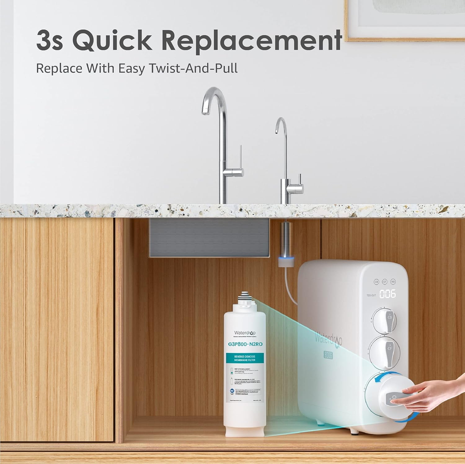 Waterdrop G3P800 Reverse Osmosis System, 800 GPD Fast Flow, 3:1 Pure to Drain, Tankless Under Sink RO Water Filter System, LED Purifier, with WD-G3P800-N2RO Replacement Filter