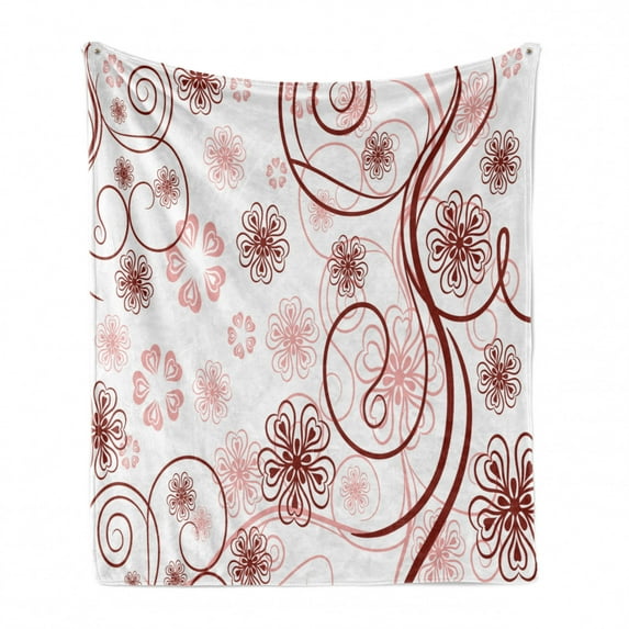 Vintage Floral Soft Flannel Fleece Blanket, Flowers and Bold Lines Vibrant Color Image Valentines Day Bouquet, Cozy Plush for Indoor and Outdoor Use, 70" x 90", Pale Pink Ruby White, by Ambesonne