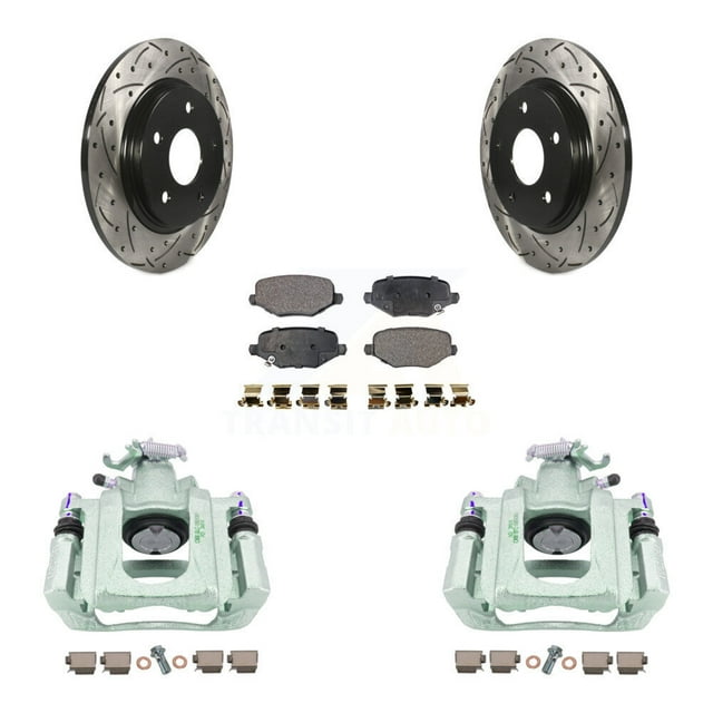 Transit Auto Rear Disc Brake Coated Caliper Drilled Slotted Rotors and Ceramic Pads Kit for Car 2012 Ram C/V with Single Piston Front From 03 24 12 KCD-100639T