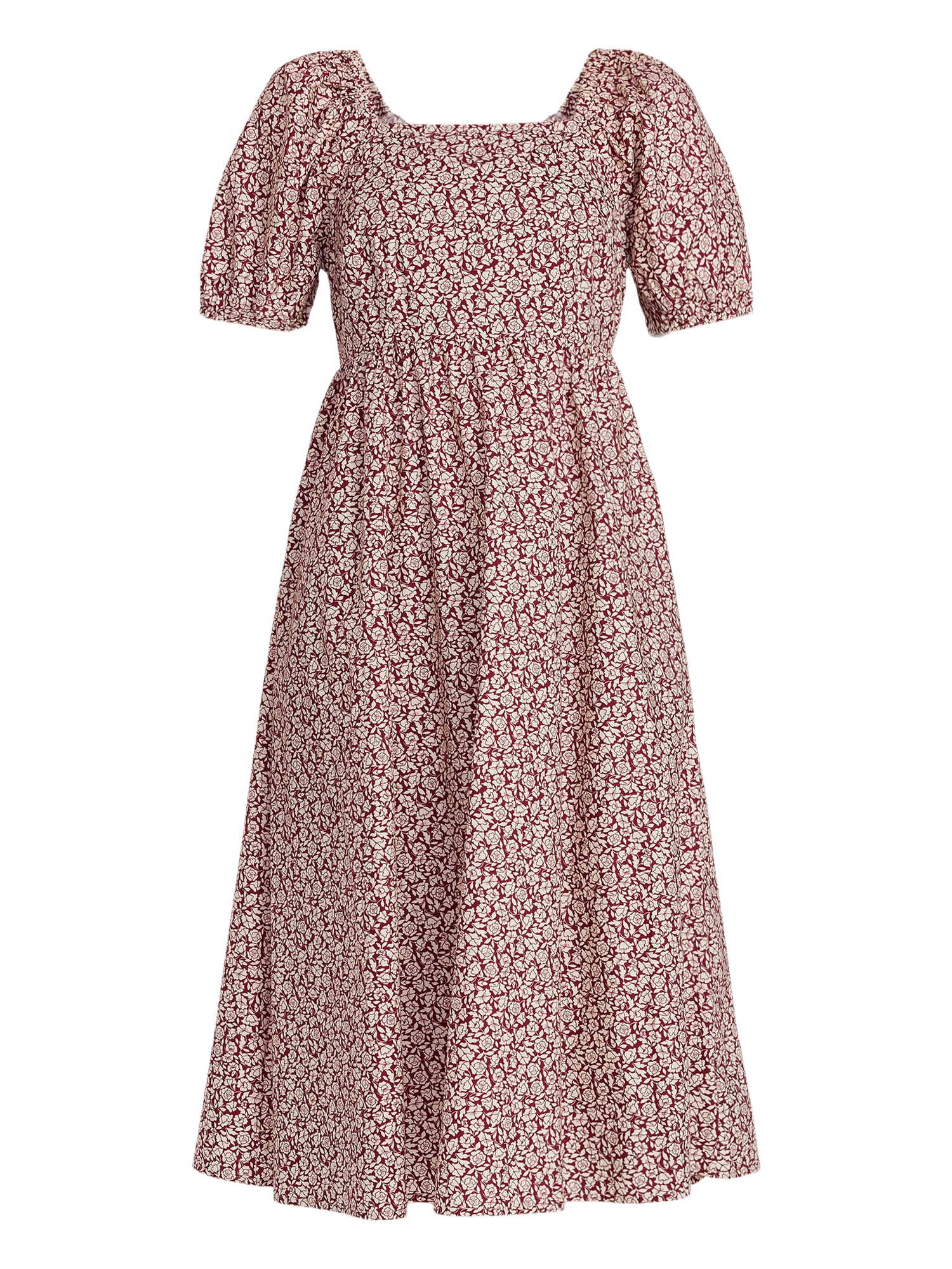 Time and Tru Women's and Women's Plus Cotton Back Tie Midi Dress with Short Puff Sleeves, Sizes XS-4X