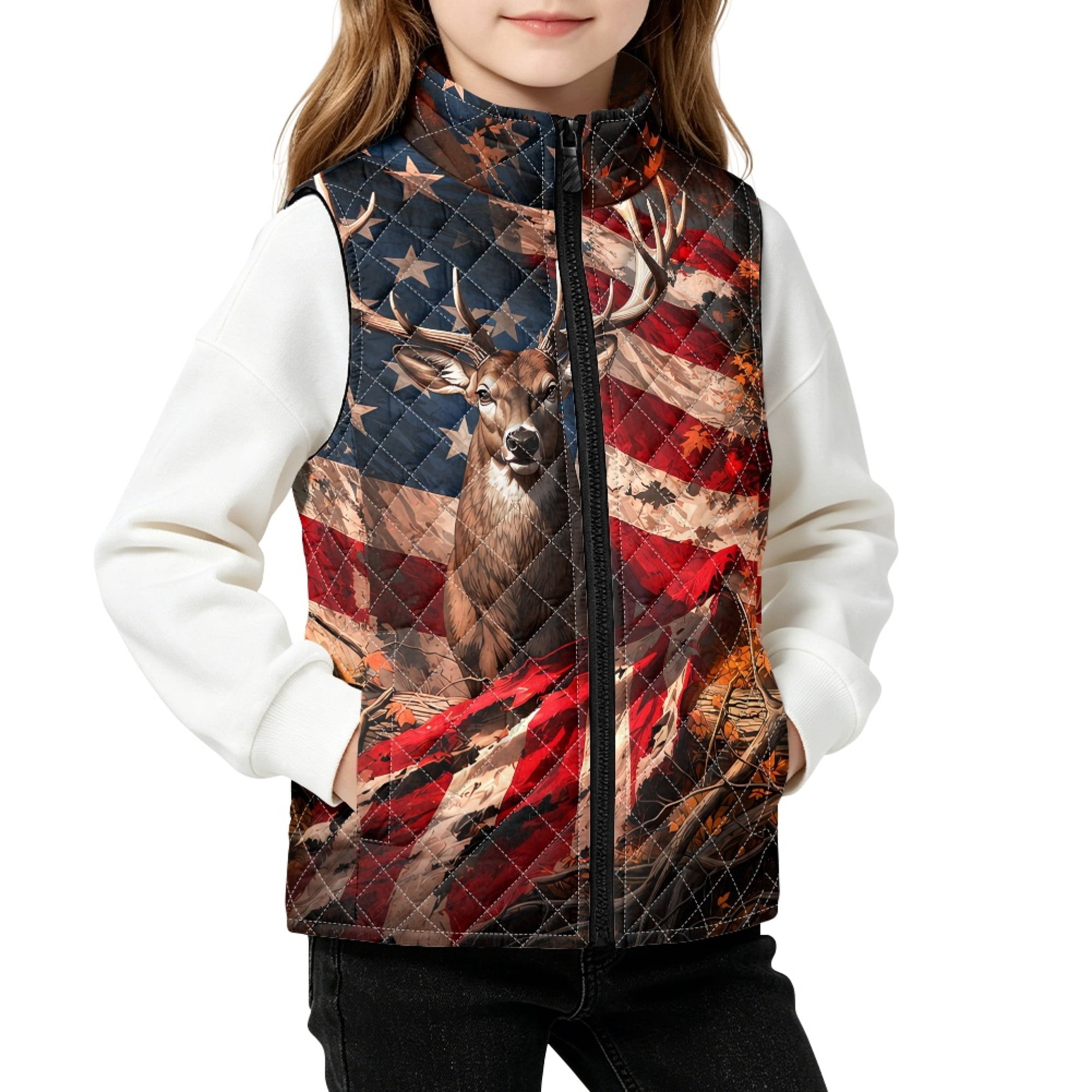 Chririnla Hunting Deer Camo Flag Quilted Vest for Girl Sleeveless Jacket 9-10T Teen Kids Warm Fluffy Outerwear Vests with Pockets Stand Collar Fall Tops Kids Vest Soft Warm