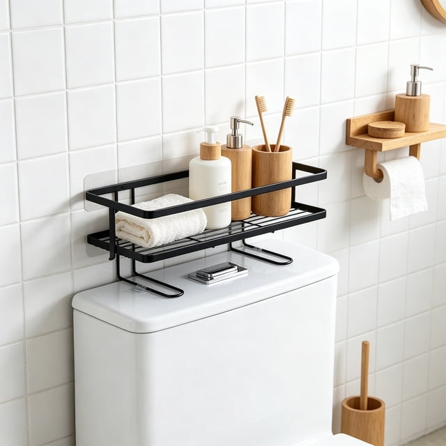YiJuHui Drill-Free Toilet Tank Shelf Organizer, No Drill Bathroom Storage Rack Over The Toilet, Heavy Duty Iron Wall Mounted Space Saver for Bathroom Organization, Modern Bathroom Cabinet Shelf