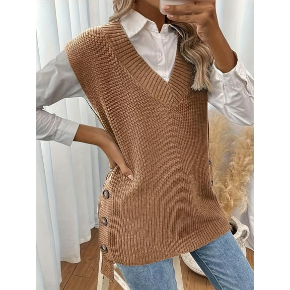 Large Size Women's V-Neck Sweater Vest Waisted Sleeveless Knit Pullover