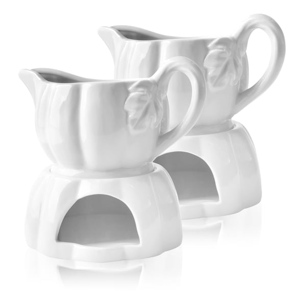 Waxgamo 16.2oz Pumpkin Gravy Boat with Warmer, White Ceramic Sauce Boat – Porcelain Gravy Server for Thanksgiving, Sauces, Salad Dressings,2PCS