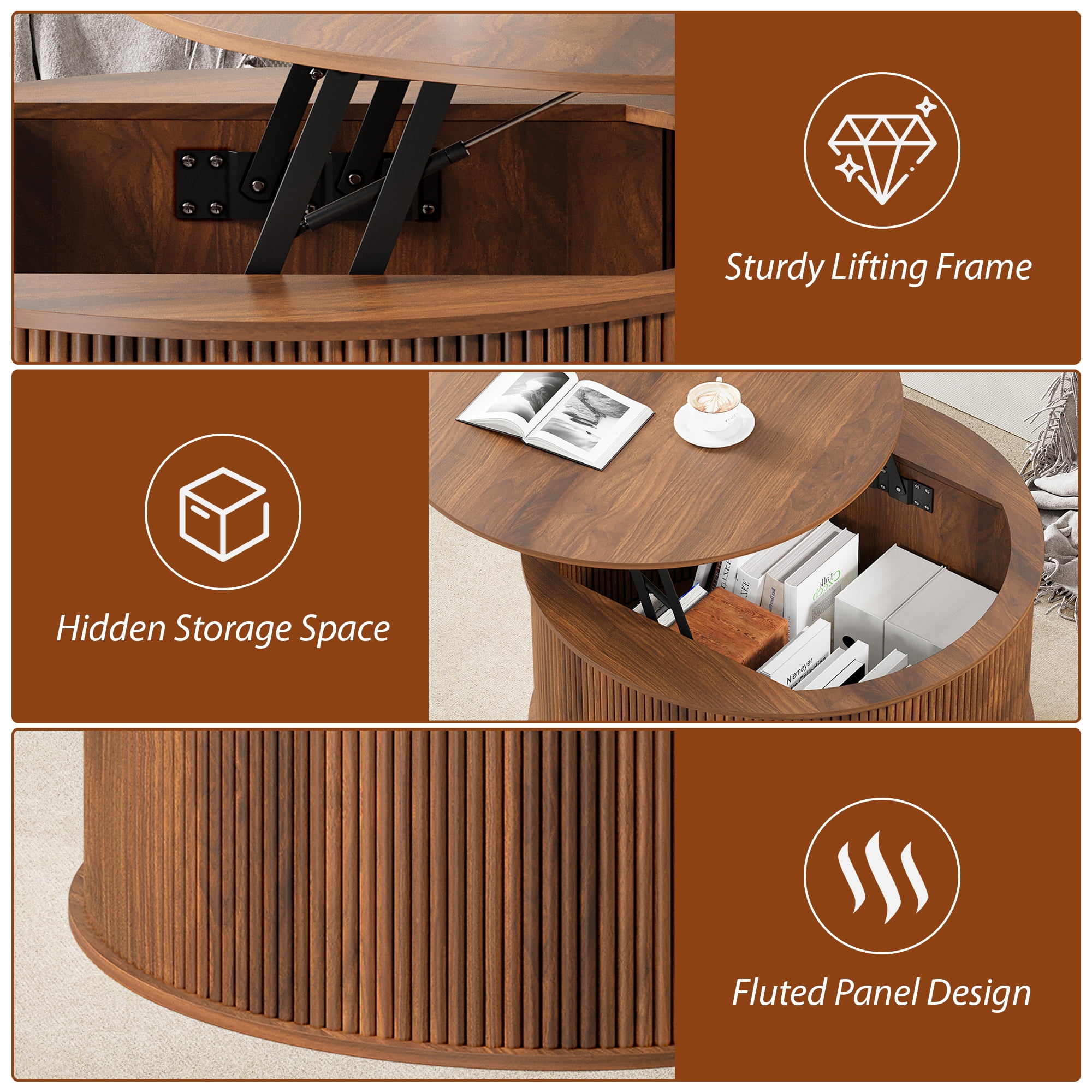 Wirrytor 31 inches Round Lift Top Coffee Table with Storage and Flip Top, Fluted Center Table for Living Room, Wood Coffee Table with Hidden Compartment, Round Arc Design, Walnut