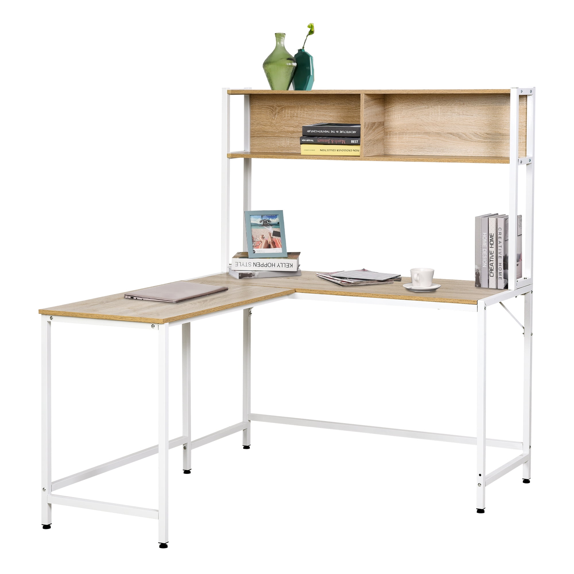 Office LShaped Computer Desk with Overhead Bookshelf, Two Side
