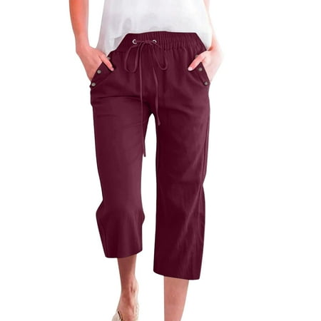 Prdecexlu Linen Capri Pants for Women Button Decoration Vacation Elastic High Waist Wide Leg Summer Cropped Pants Drawstring Baggy Solid Color Beach Casual Trousers with Pockets Wine XL