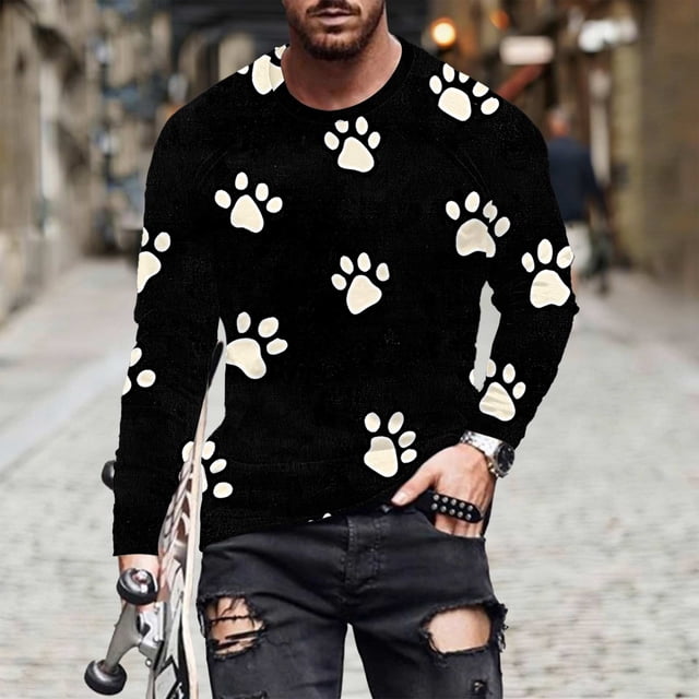 Ceisia Men's Colorful Glitter Paw Print T-Shirt | Slim Long-Sleeve Crewneck Casual Top Gift