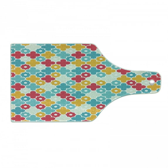 Quatrefoil Cutting Board, Colorful Petal Clover Leaves Pattern Bohemian Casual Theme, Decorative Tempered Glass Cutting and Serving Board, Wine Bottle Shape, Red Turquoise Yellow, by Ambesonne