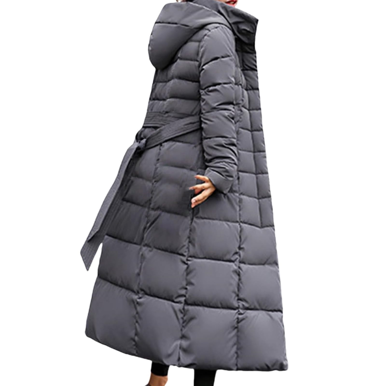 XPMWRP Women's Quilted Hooded Puffer Jacket Long Sleeve Solid Color Long Coat Winter Warm Thick Zipper Jacket with Pockets Gray M
