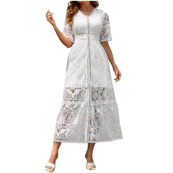 Youyipin womens dresses Women's Elegant Causal V-Neck Short Sleeve Wedding Bridesmaid Party Lace Maxi Dress summer dresses for women 2025
