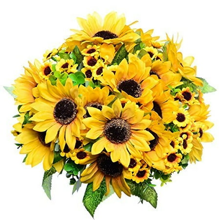 Coolmade 2pcs Artificial Fake Sunflowers Bouquet in Yellow Flower Arrangement for Home Kitchen Floor Garden Wedding