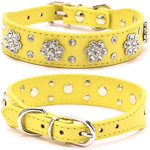1Pack Cute Flower Rhinestone Dog Collar, Bling Collar PU Leather Adjustable Sizes Small Medium Large