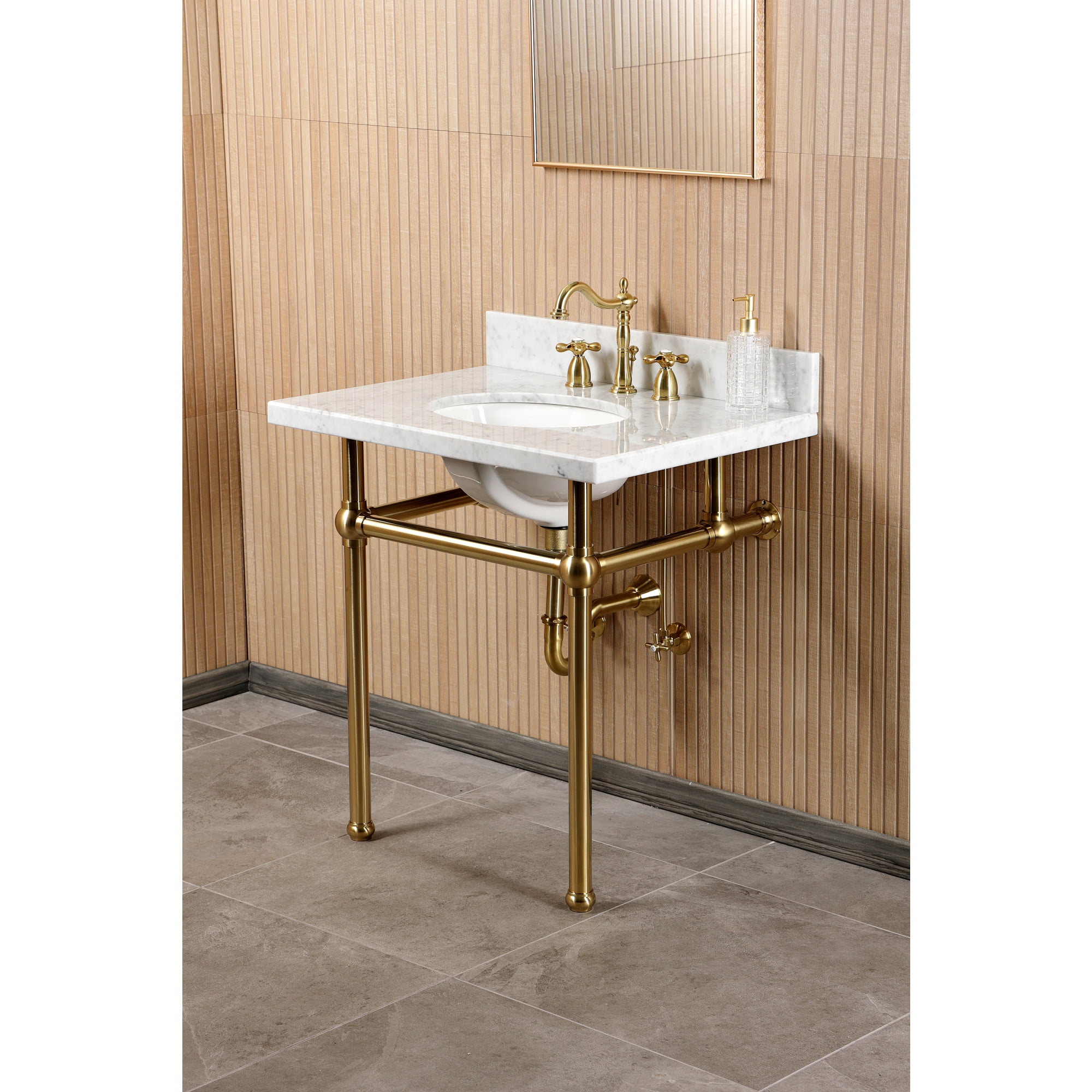 Kingston Brass CKVPB3030MB7 Templeton 30" Carrara Marble Console Sink Set with Widespread Bathroom Faucet and Plumbing Trim Kit (8-Inch, 3-Hole), Carrara Marble White/Brushed Brass