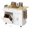 thumbnail image 1 of White Kitchen Island Cart with Drop Leaf & Charging Station - Mobile Kitchen Island Table with Storage, Trash Cabinet & Wheels - Ideal for Living Room, Dining & Entertaining, 1 of 7