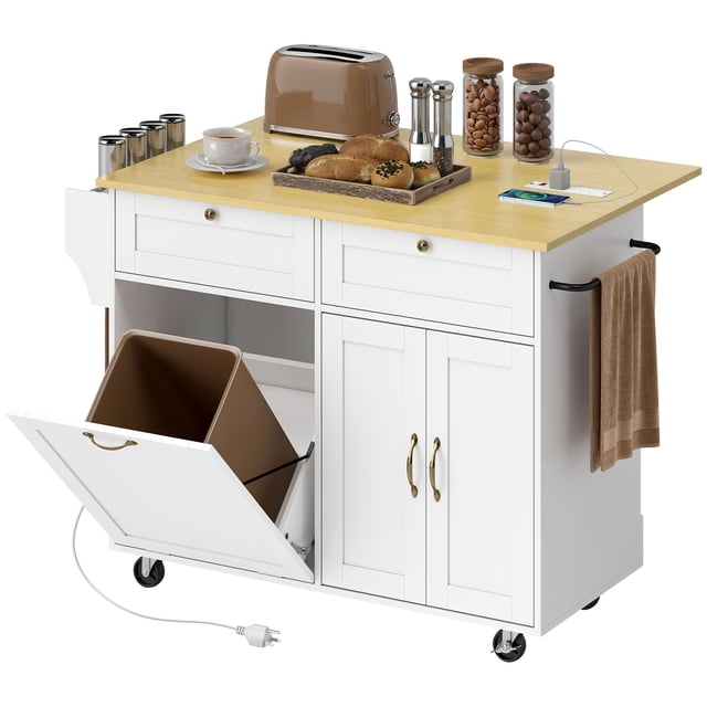 White Kitchen Island Cart with Drop Leaf & Charging Station - Mobile Kitchen Island Table with Storage, Trash Cabinet & Wheels - Ideal for Living Room, Dining & Entertaining