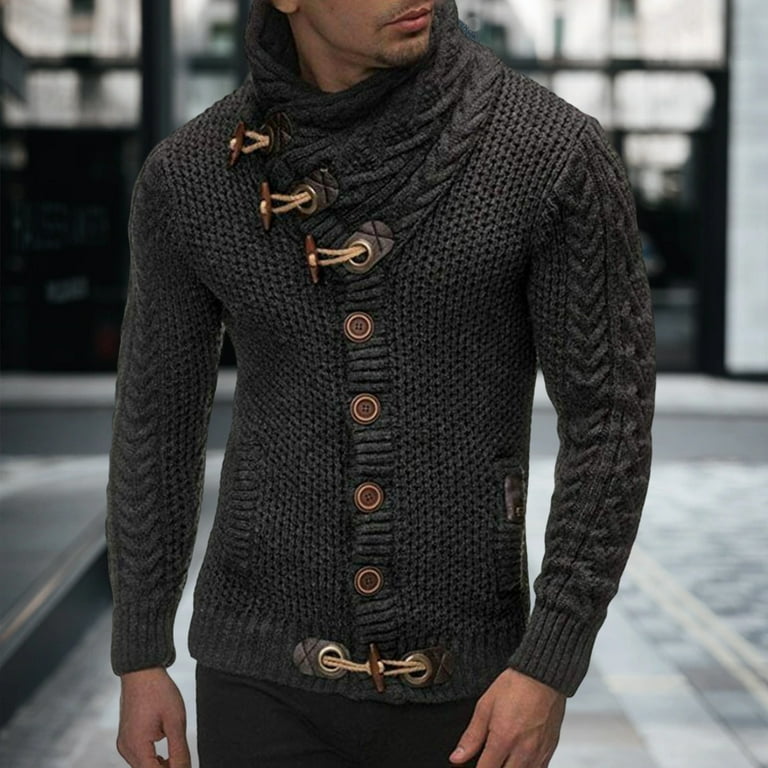 Men Cardigan Sweater Horn Buttons Solid Color Turtleneck Long