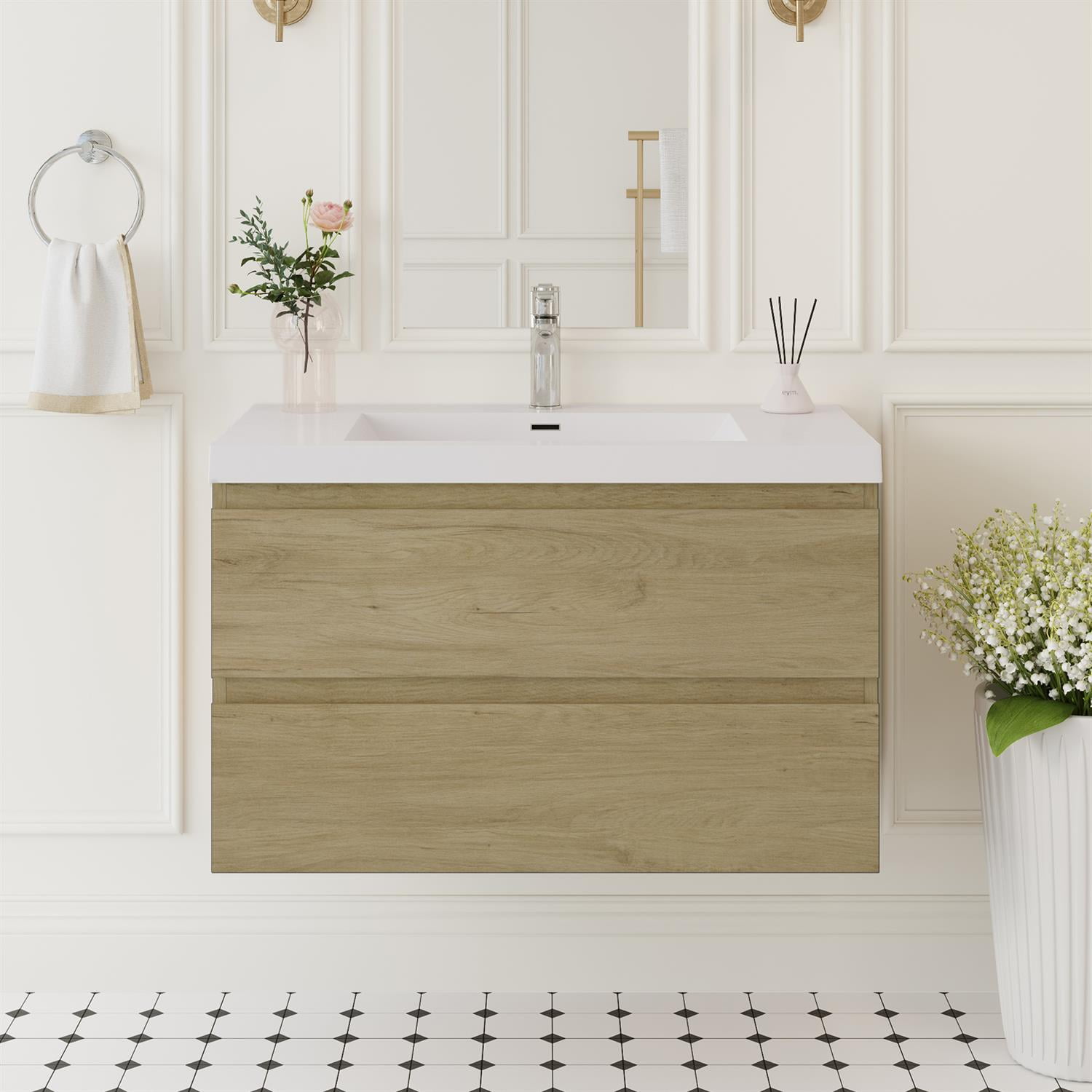 Demi Bonn 36" Floating Bathroom Vanity with Sink, Resin Top Basin and 2 Soft Close Drawers, Faucets and Drains Not Included, Brown