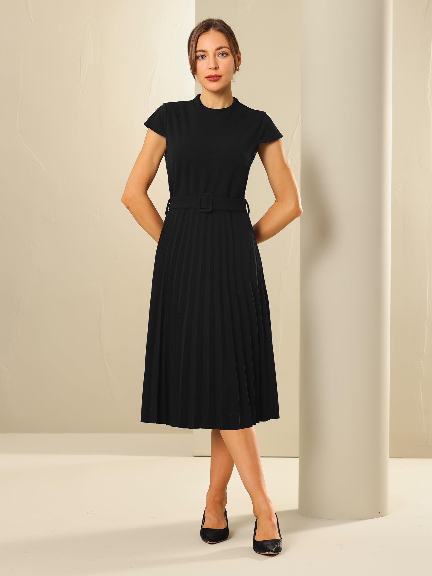 DARING DIVA Women's Mock Neck Cap Sleeve Belted A-Line Dress L Black