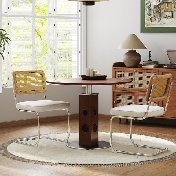 Rattan Dining Chairs Set of 2,Velvet Cesca Chair Kitchen Chair,Beige | Mid Century Modern Dining Chairs,Wood Cane Backrest&Chrome Base,Upholstered Side Chair for Dining Room,Kitchen