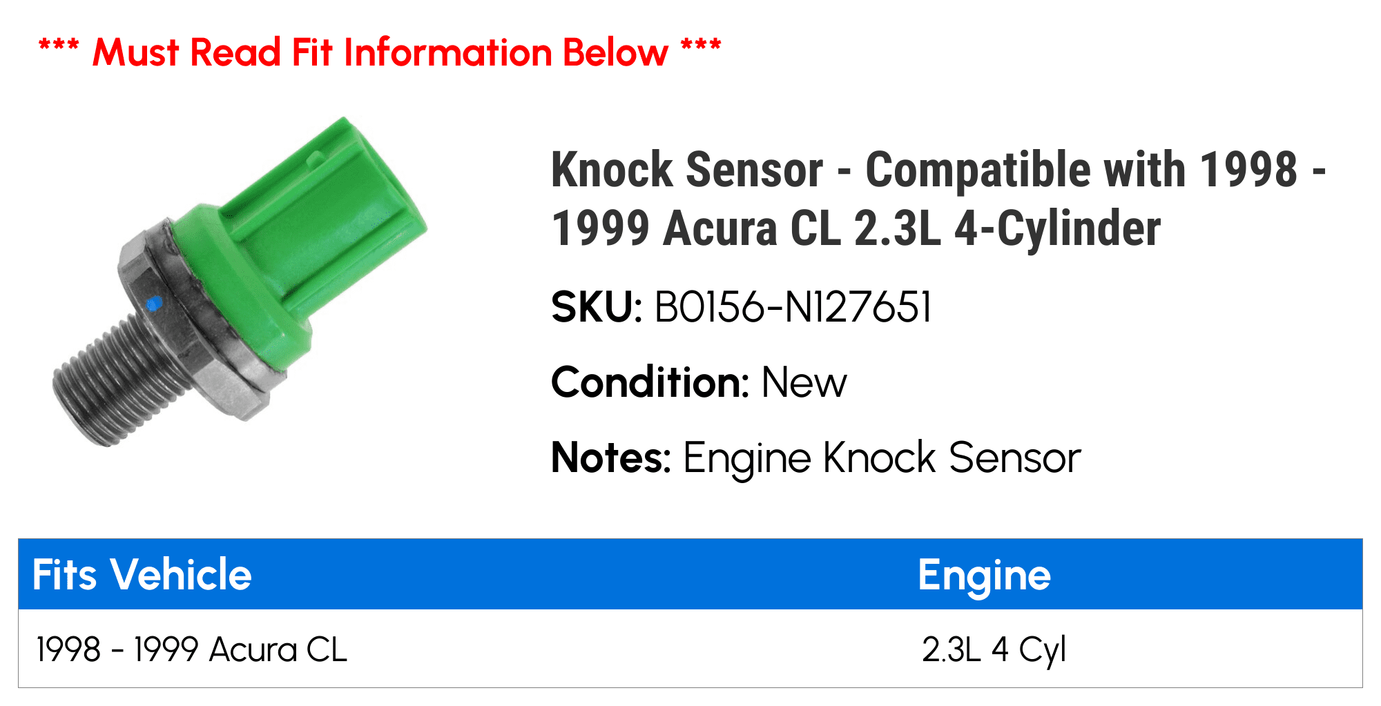 Knock Sensor - Compatible with 1998 - 1999 Acura CL 2.3L 4-Cylinder
