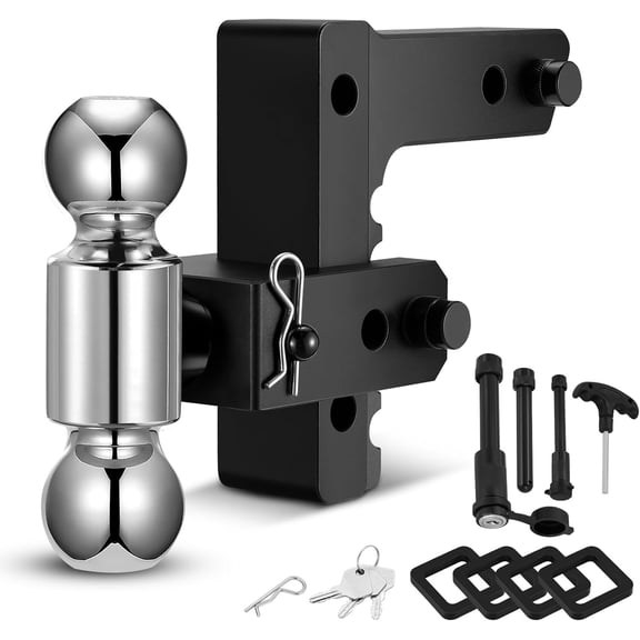 Adjustable Trailer Hitch Fits 2" Receiver, 2" & 2-5/16"(12,500 LBS GTW) Rotatable Dual Solid Ball, 6" Drop/Rise Heavy Duty  Tow Hitch, Trailer Hitches with Anti- Pin, Black