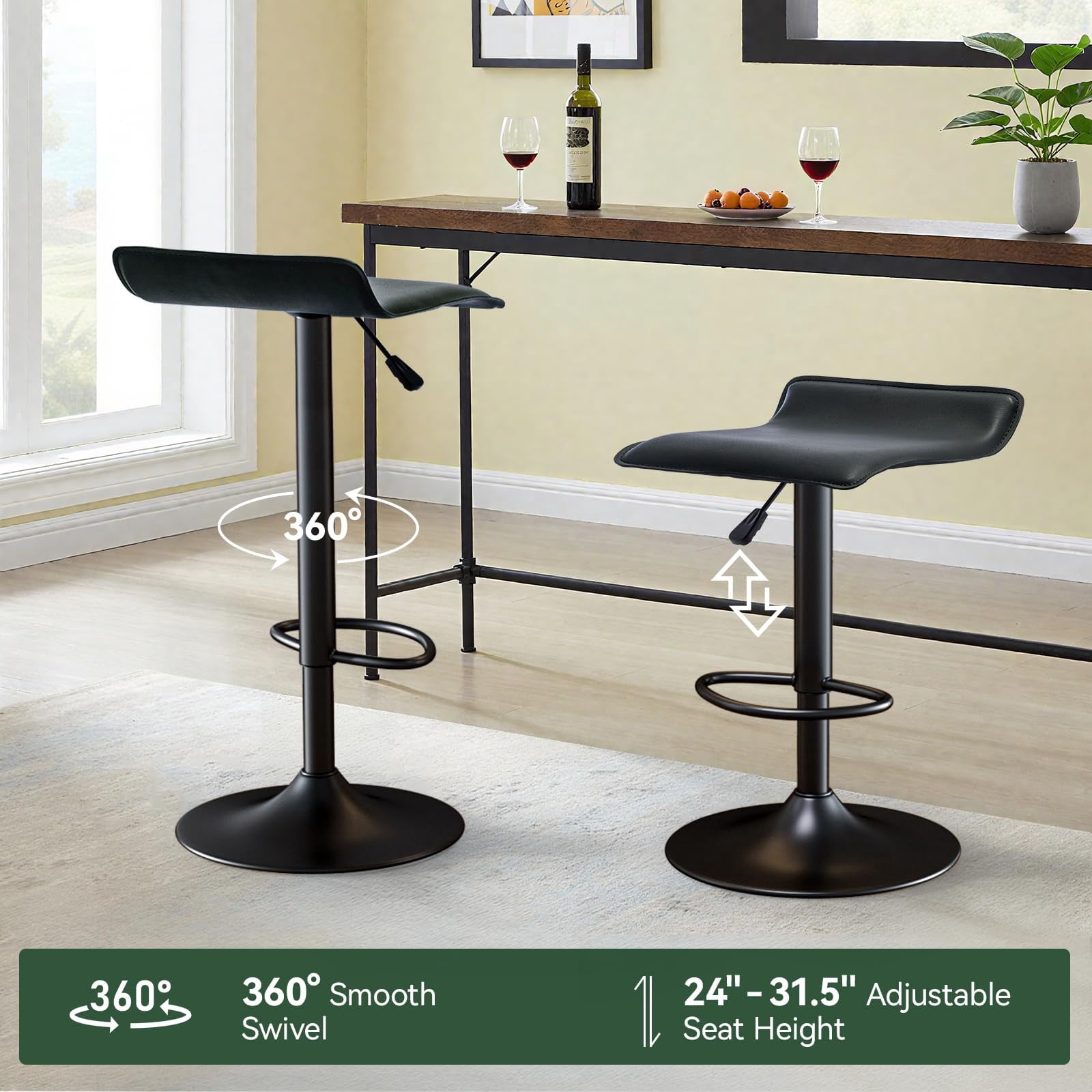 Adjustable Backless PU Leather Bar Stools Set of 2, 360° Swivel Counter Height Bar Stools with Footrest, Modern Armless Kitchen Island Chairs (Black, Black Base)