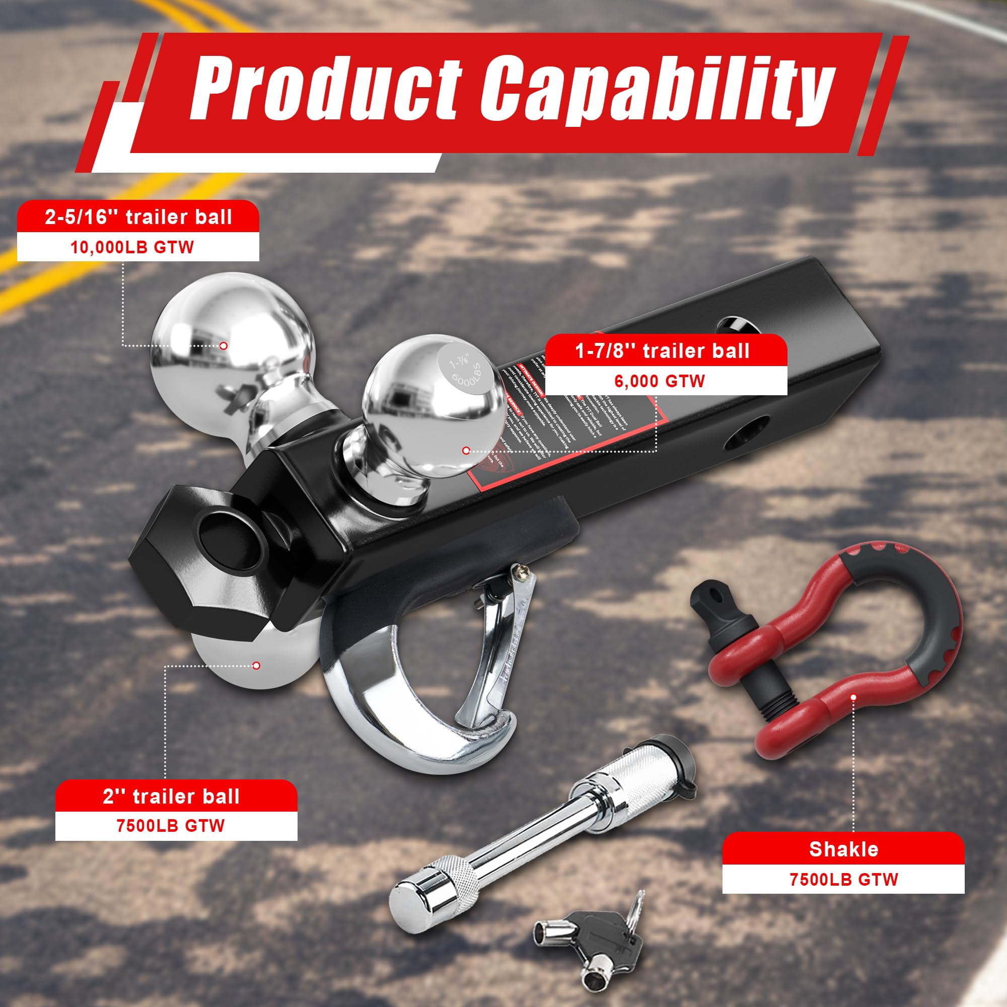 TYT Three-Ball Trailer Hitch Mount with Lock, 2-5/16", 2", 1-7/8" Balls for 2" Receiver, 10,000 lbs