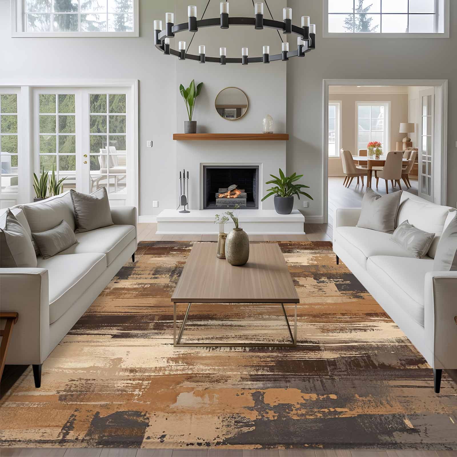Large Area Rugs for Living Room Bedroom, Brown Abstract 8'x10' Rug Washable Carpet Runner Indoor Outdoor, Vintage Geometric Gradient Oil Painting Modern Non Slip Floor Mats Rug for Kitchen, Patio