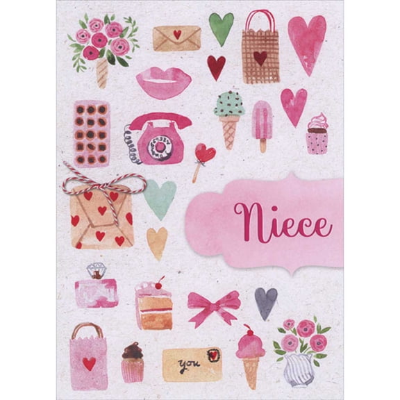 Designer Greetings Repeated Icons on Marble Background: Flowers, Envelopes, Lips, Hearts, Ice Cream Valentine's Day Card for Teen / Teenage Niece