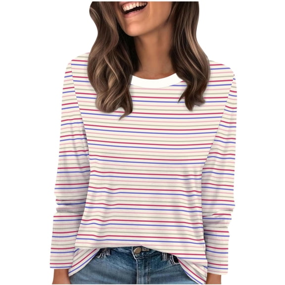 Women's Striped Long Sleeve Shirts 2026 Spring Fall Tops Fashion Color Block Top Clothing Loose Crewneck Tee Blouses