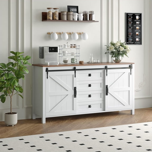 Farmhouse Sideboard Buffet Cabinet with Sliding Barn Doors & 4 Drawers, 60" Rustic Wood Kitchen Coffee Bar Storage Cabinet for Dining Room Living Room, TV Stand & Console Table(ship in 2 boxes)