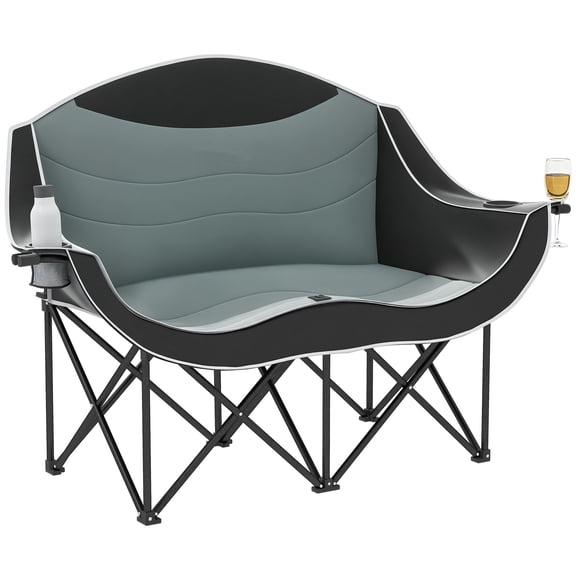 Padded Folding Camp Chair for Two Adults, Double Camping Chair, Cup Holders, Carry Bag, Outdoor Loveseat, Black