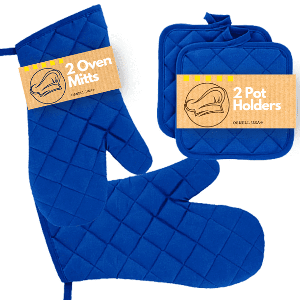 Kitchen Oven Mitt Pot Holder Set Cotton Linens Oven Mitt Pot Holder Navy Blue Color by Osnell