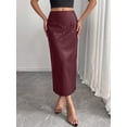 thumbnail image 5 of Burgundy Faux Leather High Waist Pencil Skirt Mid-Length Dressy Casual With Slit, 5 of 5