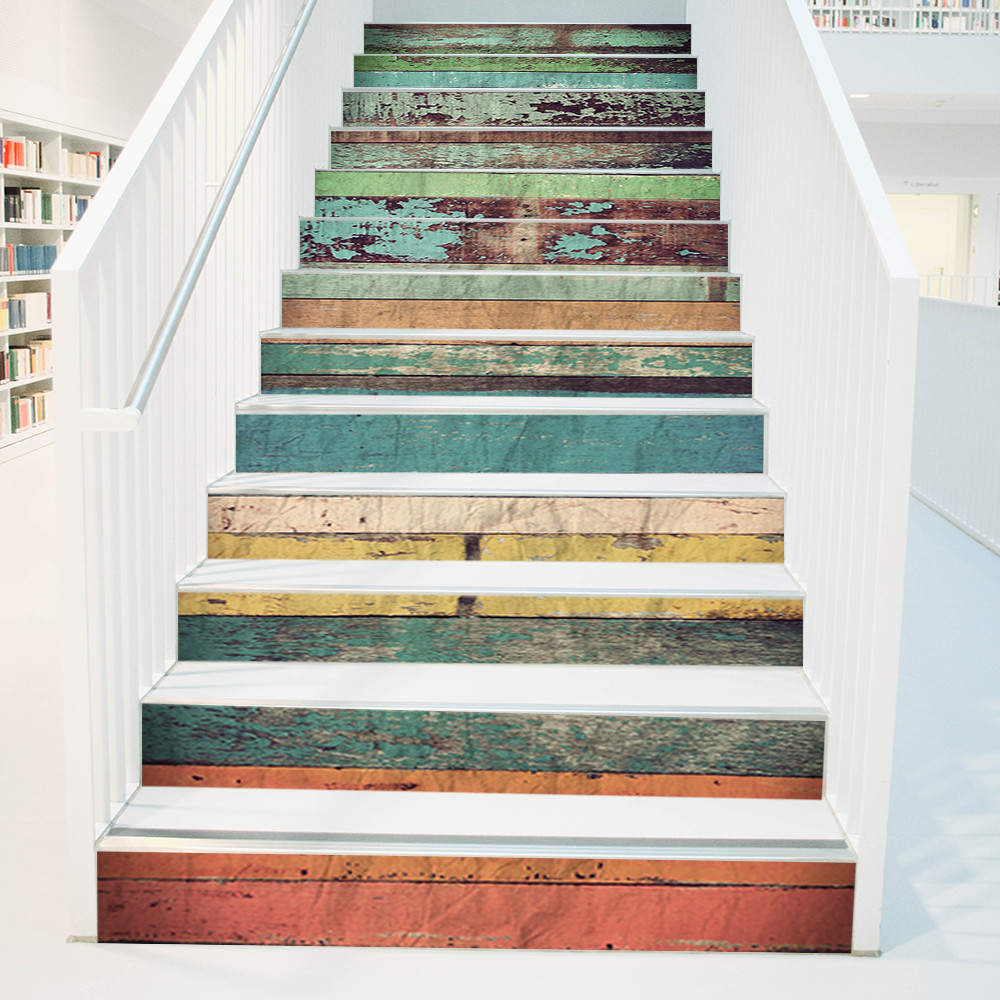 13PCS Farmhouse Self-Adhesive Stair Riser Stickers, Peel and Stick Contact Paper Staircase Decal, 39.37"x7.09", Color Wood