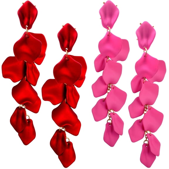 4pcs Long Acrylic Rose Petal Dangle Earrings Chic Romantic Exaggerated Flower Earring Studs Statement Layered Floral Tassel Drop Earrings for Women Christmas Birthday Gift