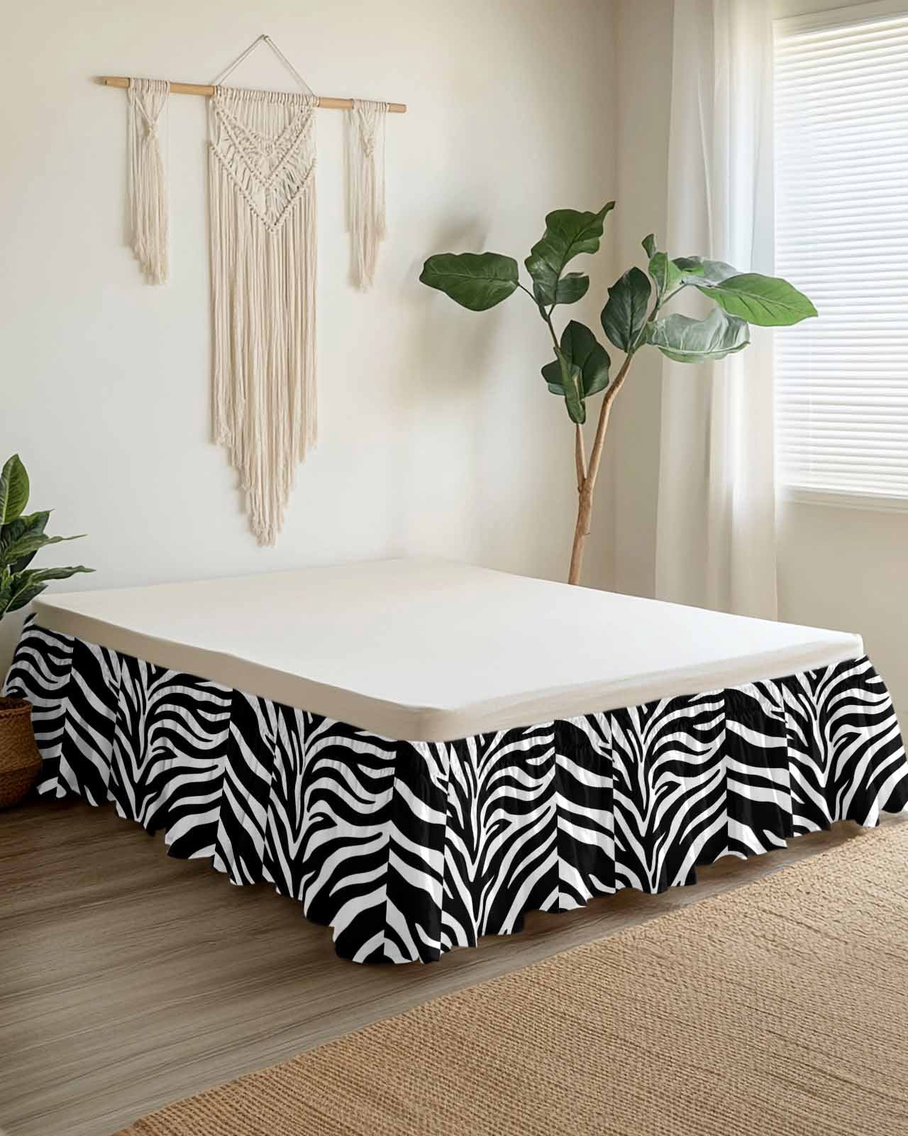 Abstract Tiger Print Bed Skirt Queen Size 18 Inch Drop, Black White Animal Fur Texture Modern Art Adjustable Elastic Dust Ruffles Bedskirt for Queen Bed Wrap Around Pleated Mattress Frame Cover