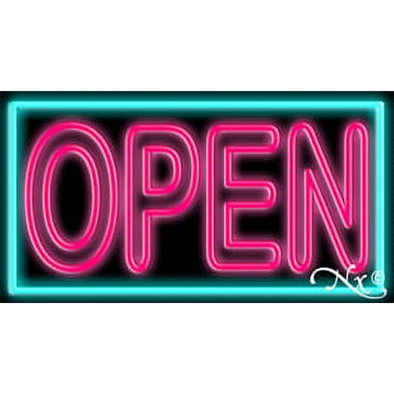 Double Stroke Pink Open With Aqua Border LED Neon Sign 20 x 37 - inches, Clear Edge Cut Acrylic Backing, with Dimmer - Bright and Premium built indoor LED Neon Sign for storefront.