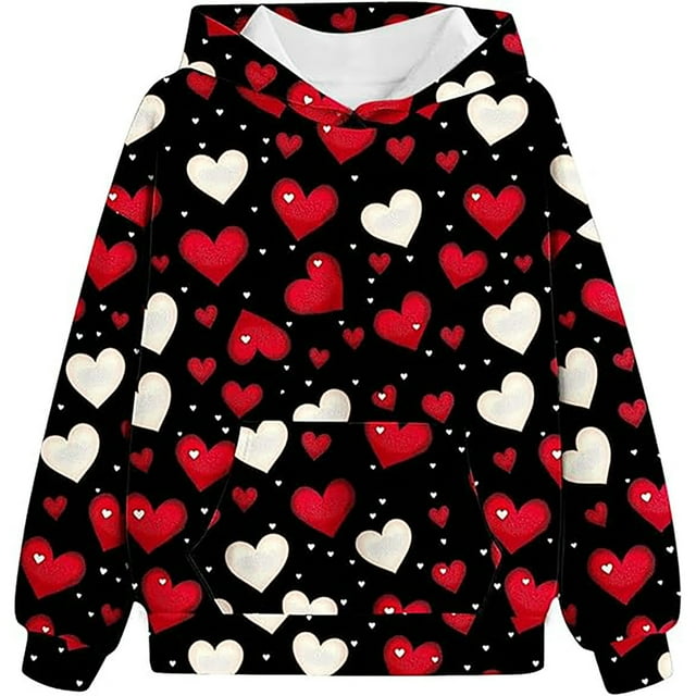 BXUIDJG Chandail à Capuchon Enfants Filles Chandails Chandail en Molleton Cœurs Imprimés Mignons Saint-Valentin Col Rond Épaule Tombante Hauts de Vacances Amples avec Poche Chandail à Capuchon Enfants Pulls Tops Noir-9-10 T