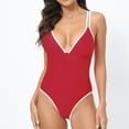 thumbnail image 2 of Women's One Piece Swimsuit Fashion V Neck Criss-Cross Back Bathing Suit Low Back Beach Vacation Swimwear (M, Red), 2 of 5